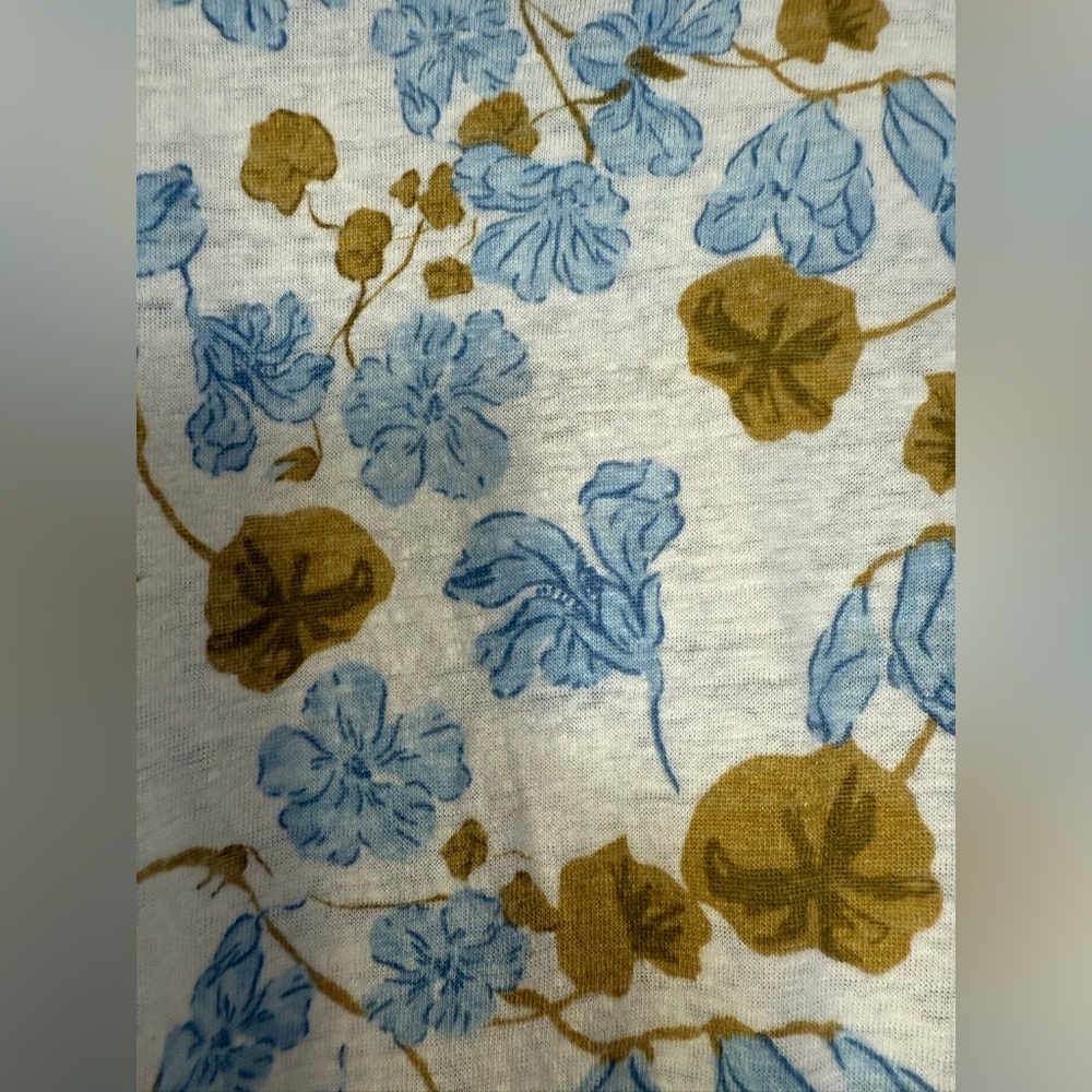 Joie 100% Linen Short Cap Sleeve Tee Blue Tan Floral on White Cropped Size XL - Picture 3 of 6